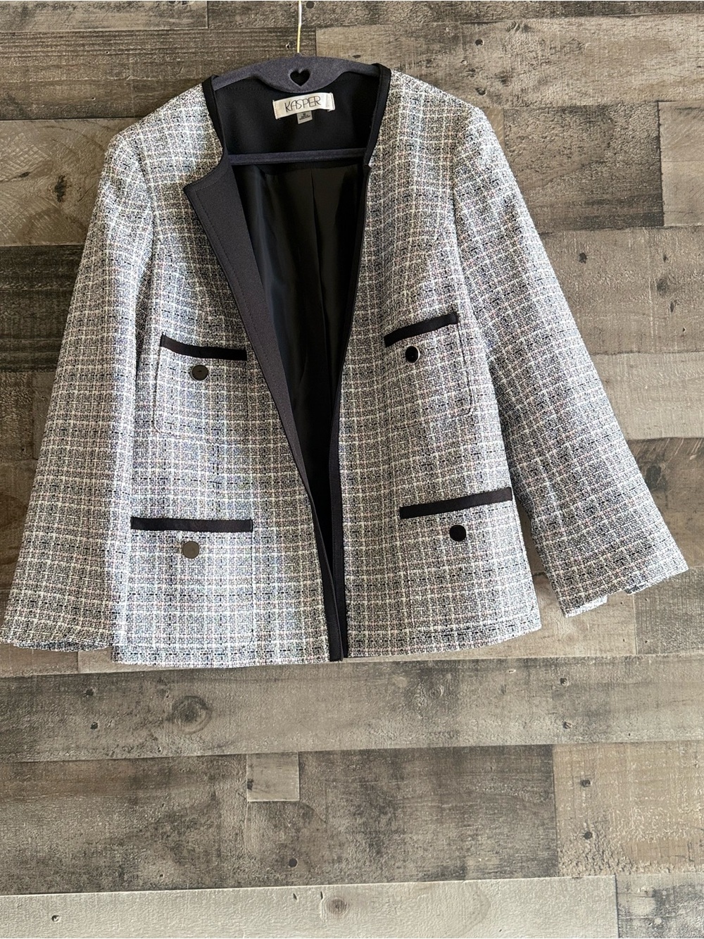 Kasper Black-Trim Gray Tweed Open-Front Blazer size M